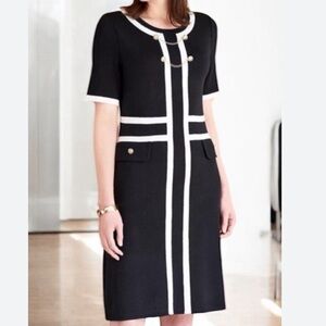 NWT Ming Wang Contrast Trim Black White Knit Dress Gold Button / Chain Size XL
